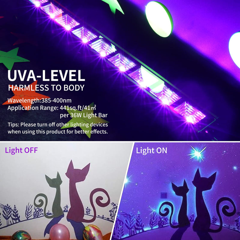  [AUSTRALIA] - Upgraded 36W LED Black Light Bar, Premium LED Blacklight Flood Light with Plug+Switch+5ft Cord, Light Up 21x21ft Area, for Halloween Glow Fluorescent Party Bedroom Game Room Body Paint Stage Lighting 1 Count (Pack of 1)