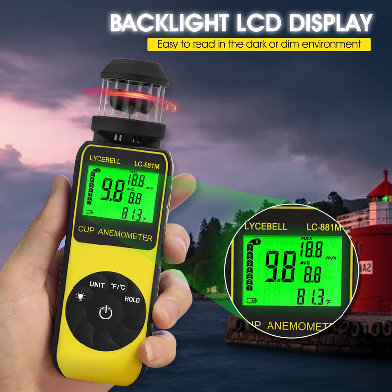  [AUSTRALIA] - Anemometer Handheld LC-881M Portable Anemometer Wind Speed Meter Measures Wind Speed/Temperature with Compass, 360° Wind Direction Wind Cup Anemometer