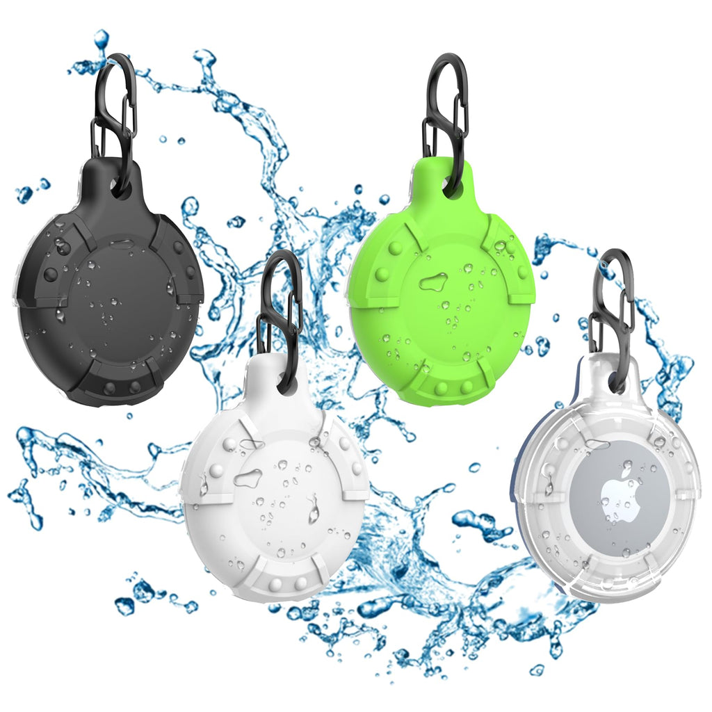  [AUSTRALIA] - WOOPIT Waterproof Airtag Holder,4 Pack Apple Airtags with Keychain,Silicone Air Tag Cases,Full Body Anti-Scratch Protective Airtag Case for Kids,Kes,Luggage,Dog Collar Black+blue+white+green