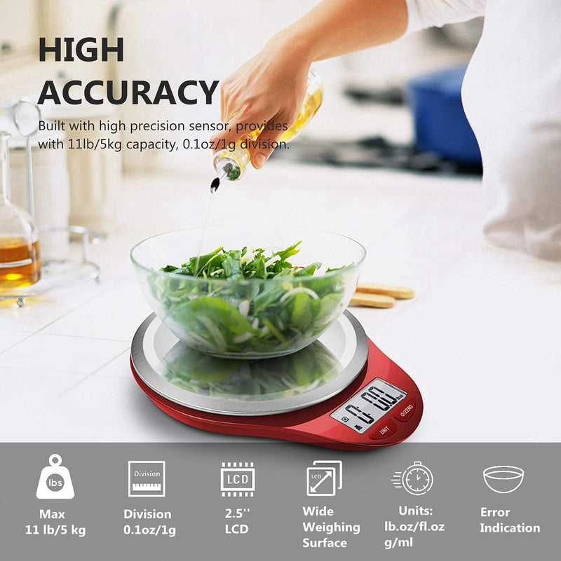 NUTRI FIT Digital Kitchen Scale with Wide Stainless Steel Plateform High Accuracy Multifunction Food Scale with LCD Display for Baking Kitchen Cooking,Tare & Auto Off Function (Red) Red - LeoForward Australia
