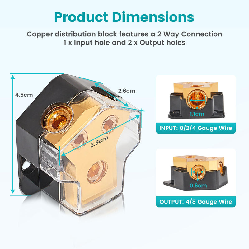  [AUSTRALIA] - NuIth 1PC 2 Way Copper Power Distribution Block, 0/2/4 Gauge in 4/8 Gauge Out Auto Car Audio Distribution Connecting Block, 2 Way Copper Ground Distribution Block for Audio Amplifier Splitter