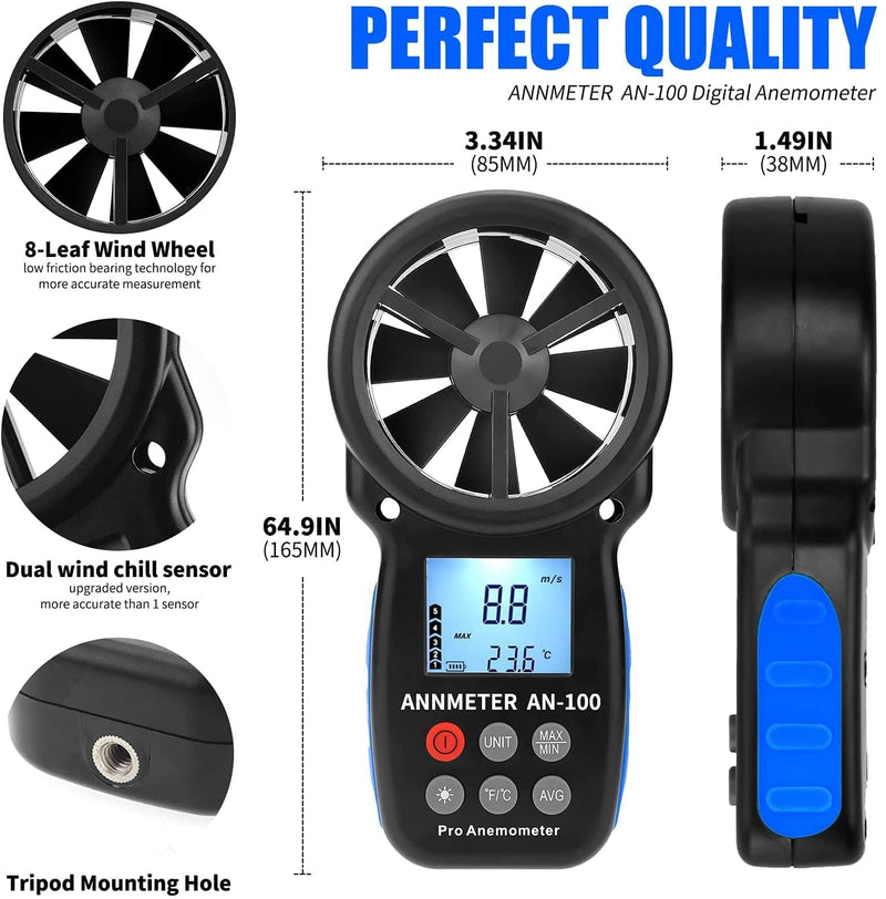  [AUSTRALIA] - AIOMEST AI-100 Digital Anemometer, Wind Gauge Wind Gauge Handheld, Wind Gauge CFM Wind Speed Meter for Wind Speed Temperature Wind Chill Tester, HVAC