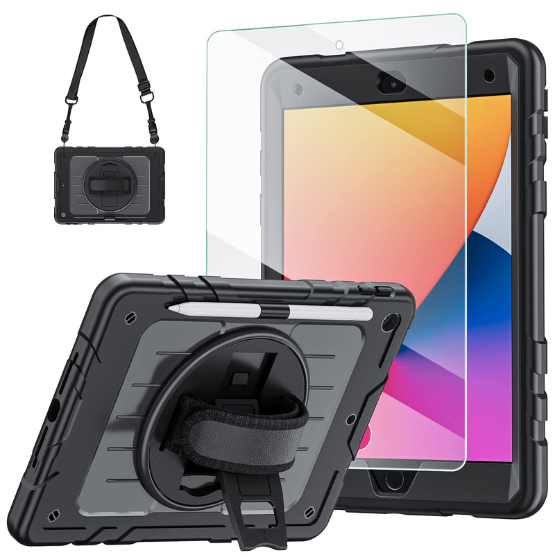  [AUSTRALIA] - New iPad 9th/8th/7th Generation Case 10.2 Inch 2021/2020/2019 with Tempered Glass Screen Protector & Pencil Holder |Blosomeet Protective Kids iPad 10.2 Case Cover w/Stand Hand Shoulder Strap |Black Black