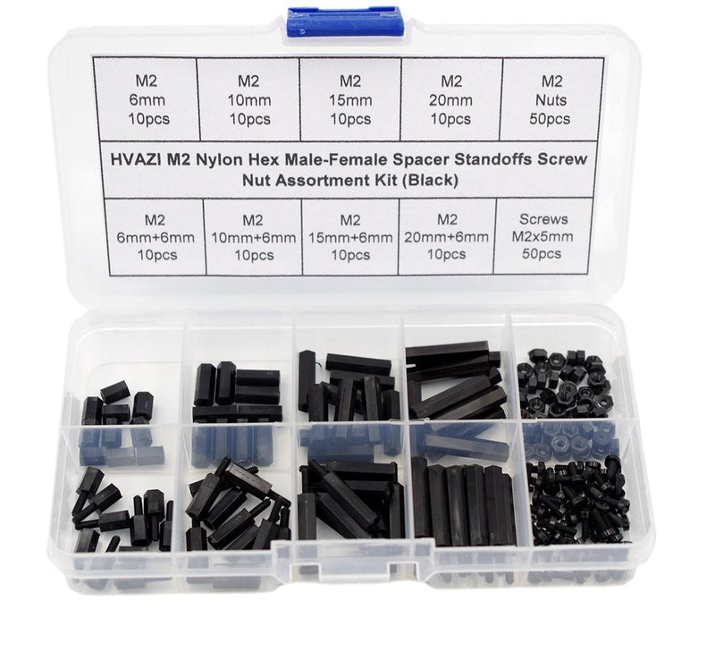  [AUSTRALIA] - HVAZI M2 Nylon Hex Male-Female Spacer Standoffs Screw Nut Assortment Kit (Black) 180PCS/M2 Black