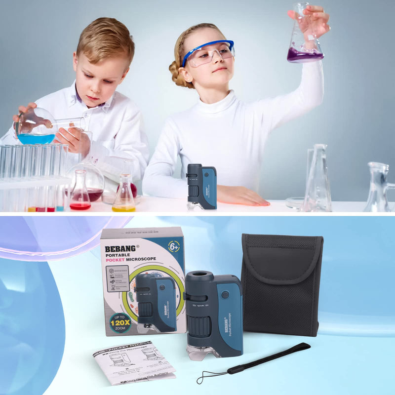 [AUSTRALIA] - BEBANG Pocket Microscope for Kids, Handheld Mini Microscope with LED, 5 Prepared Slides, 60x-120x Portable Microscope for Kids Students Microbiological Observation Preschool Study 120X