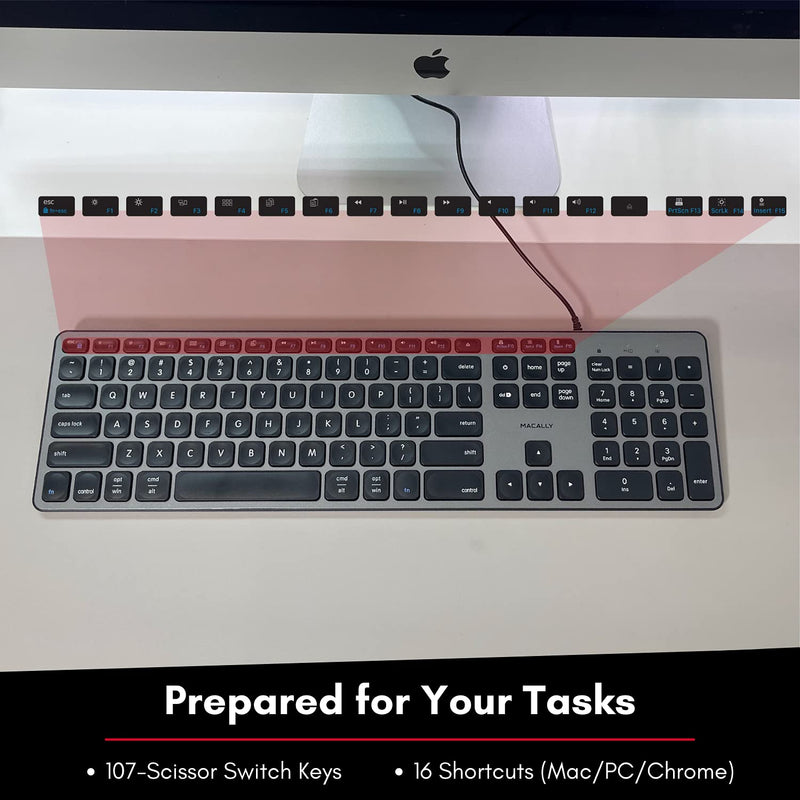  [AUSTRALIA] - Macally USB Wired Keyboard for Mac and Windows - Auto Detect for All OS - Slim Computer Keyboard Wired with 107 Quiet Keys and 16 Shortcut Keys - PC, Chrome, and Mac Compatible Keyboard - Space Gray
