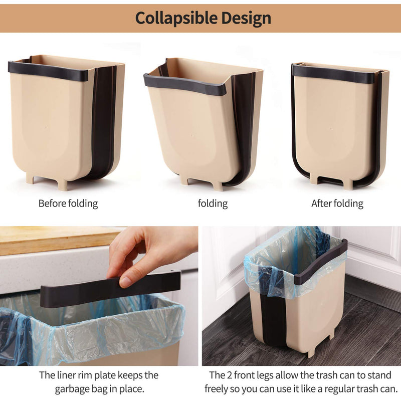  [AUSTRALIA] - SheMarie Hanging Collapsible Trash Can - 9L Wall Mounted Foldable Waste Bin for Kitchen Cabinet Door - Quickly Clean Counter, Sink, Bathroom - RV, Car, Camping Folding Garbage Basket (Brown) Brown