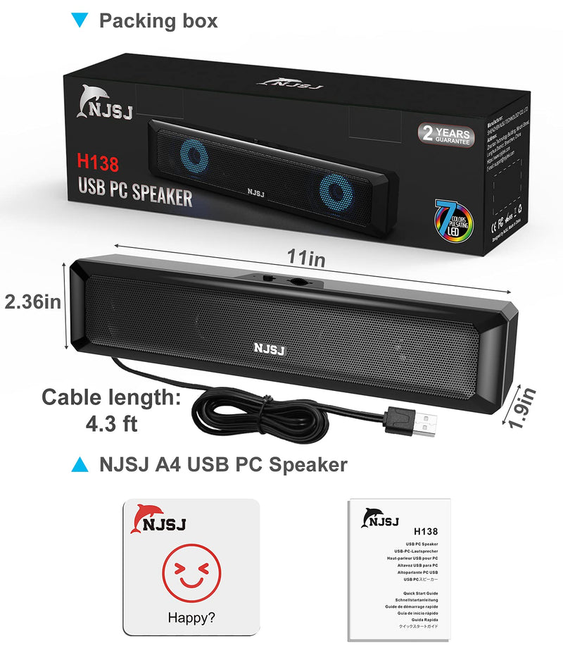  [AUSTRALIA] - NJSJ USB Computer Speakers, 2.0 USB-Powered PC Speakers, Mini Computer Soundbar with RGB LED Light, Volume Control, Single USB Cable Connection External Speakers for Desktop, Laptop