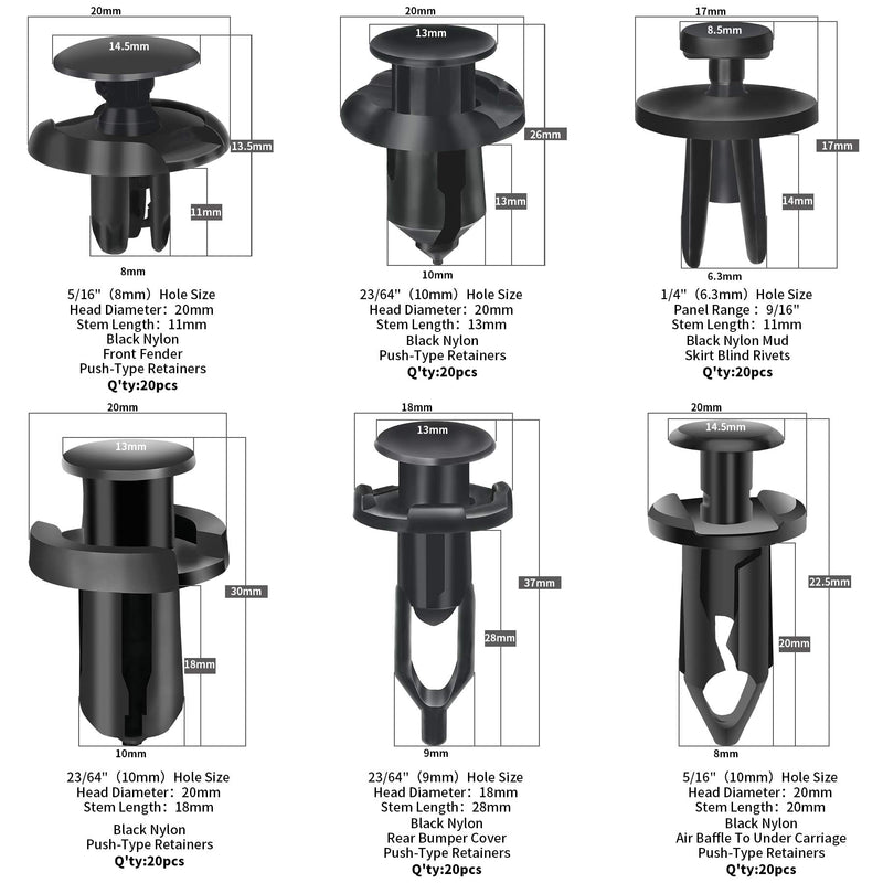 KCRTEK 120 pcs 6.3mm 8mm 9mm 10mm Nylon Bumper Push Fasteners,Bumper Clips with Fastener Removal Tool - LeoForward Australia