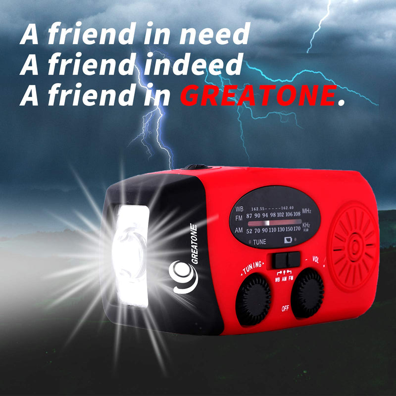  [AUSTRALIA] - GREATONE Weather Radio Emergency Hand Crank Self Powered AM/FM NOAA Solar Portable Camping Weather Radio with LED Flashlight，2000mah Portable Charge for Phone Survival Pack 071 (red) red 2000mah