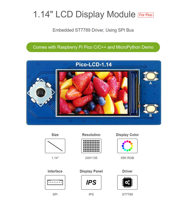  [AUSTRALIA] - Waveshare 1.14inch LCD Display Module for Raspberry Pi Pico 65K RGB Colors 240×135 Pixels with SPI Interface Embedded ST7789 Driver Using SPI Bus IPS Screen Pico-1.14inch LCD Module