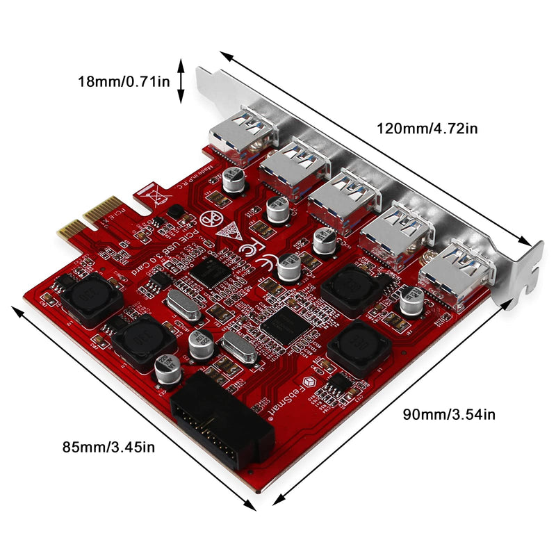  [AUSTRALIA] - FebSmart 7-Ports Superspeed 5Gbps USB 3.0 PCI Express (PCIe) Expansion Card-5 Ports USB-A and an 19Pin USB 3.0 Header-Build in Self-Powered Technology-No Need Additional Power Supply (FS-U7S-Pro) Matte Red