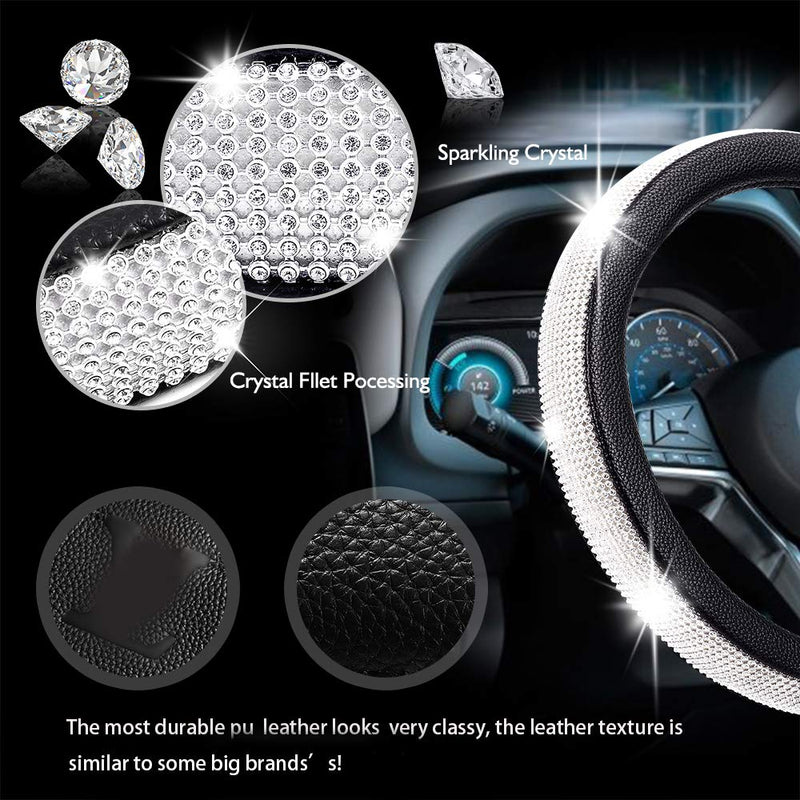  [AUSTRALIA] - HAOKAI Premium Super Girly Diamond Steering Wheel Cover with Bling Bling Crystal Rhinestones Universal Size 15 Inch Anti-Slip Leather PU (Black) BLACK
