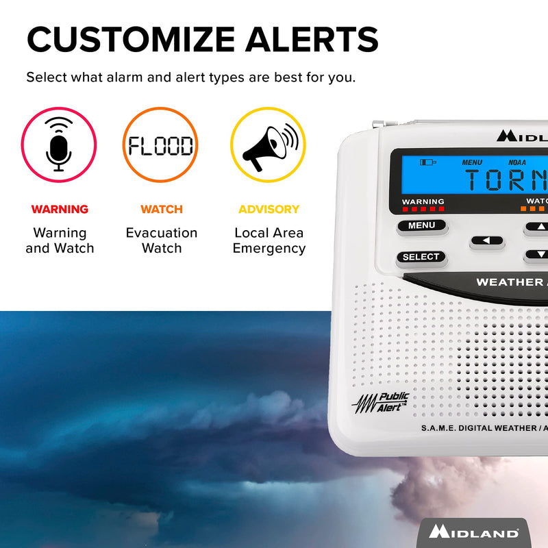 Midland - WR120B/WR120EZ - NOAA Emergency Weather Alert Radio - S.A.M.E. Localized Programming, Trilingual Display, 60+ Emergency Alerts, & Alarm Clock (WR120B - Box Packaging) - LeoForward Australia