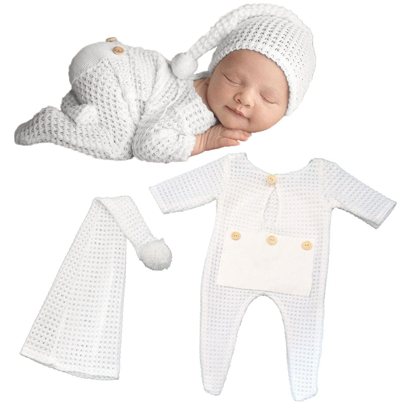  [AUSTRALIA] - Newborn Photography Prop, 2PCS Baby Photo Prop Romper with Long Tail Costume, Boy Girl Knitted Crochet Romper Outfits | 0-1 Months (White) White