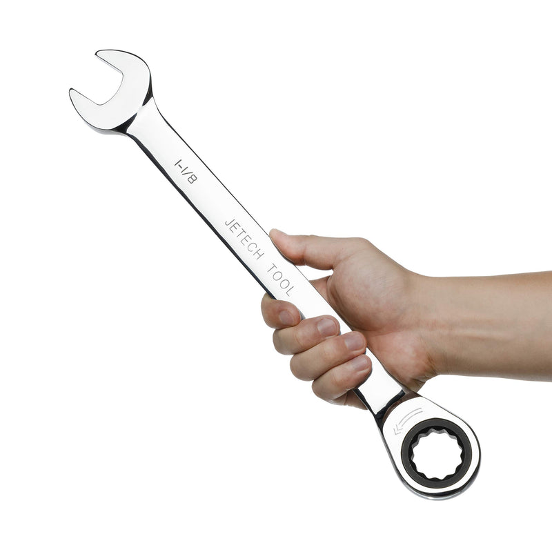  [AUSTRALIA] - Jetech 1-1/8" Ratcheting Combination Wrench - SAE Industrial Grade Cr-V Steel Gear Spanner in Polished Chrome Finish 1-1/8"