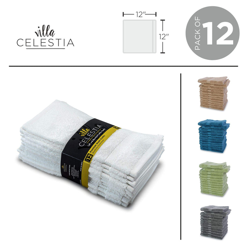  [AUSTRALIA] - Villa Celestia 100% Cotton Washcloth, 650 GSM Pack of 12, White Quick Dry Luxury Face Towel, Soft & Highly Absorbent (12"X12")