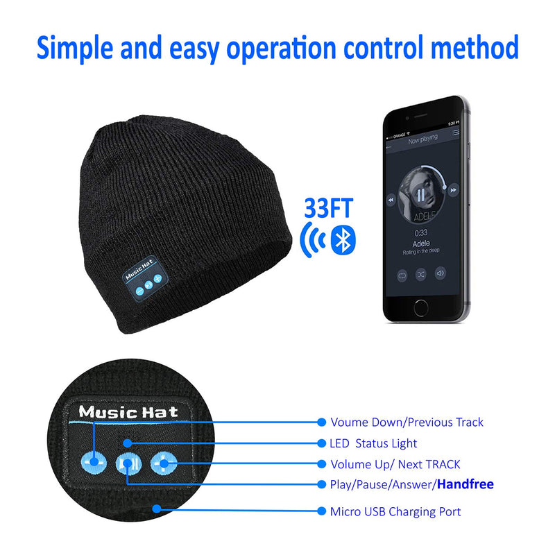 Bluetooth Beanie, with Detachable Built-in Microphone and Stereo Speakers, Bluetooth 5.0 for Outdoor Warmth-Unisex (Black) - LeoForward Australia