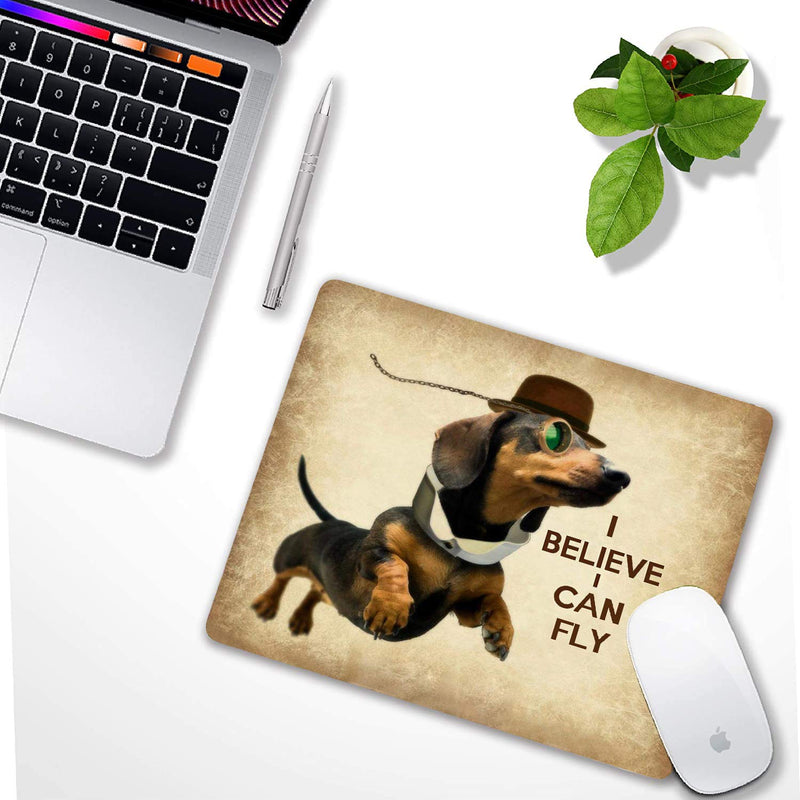  [AUSTRALIA] - Custom Mouse Pad Funny Sausage Dog Cute Flying Dachshund with Glasses Design Art, Joking Quotes and Sayings I Believe I Can Fly Mousepad Mat Dog-N