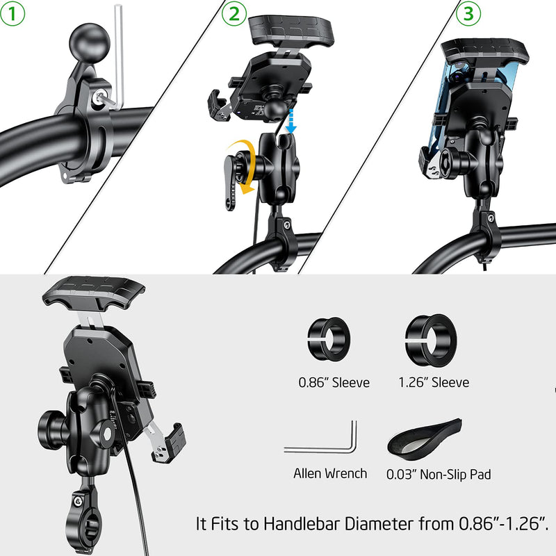  [AUSTRALIA] - iMESTOU Anti-Theft Motorcycle Wireless Phone Mount Charger 15W & USB C 3A Handlebar 1" Ball Stem Phone Holder Works with 12V/24V Vehicle/USB Socket 720 Rotation Quick Charge for 4.0-7.0" Cellphones Double Socket Arm-Wireless & USB C Charge