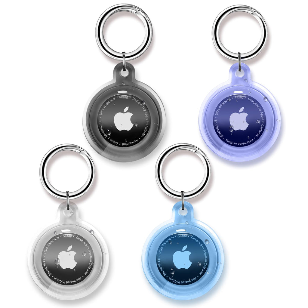  [AUSTRALIA] - Airtag Keychain Waterproof,4 Pack Apple Airtag Holders,Transparent TPU Material,Soft and Shockproof Airtag Case for Wallets, Keys, Pets,Luggages and valuables (4 Colors) Transparent&Blackl&Purple&Blue