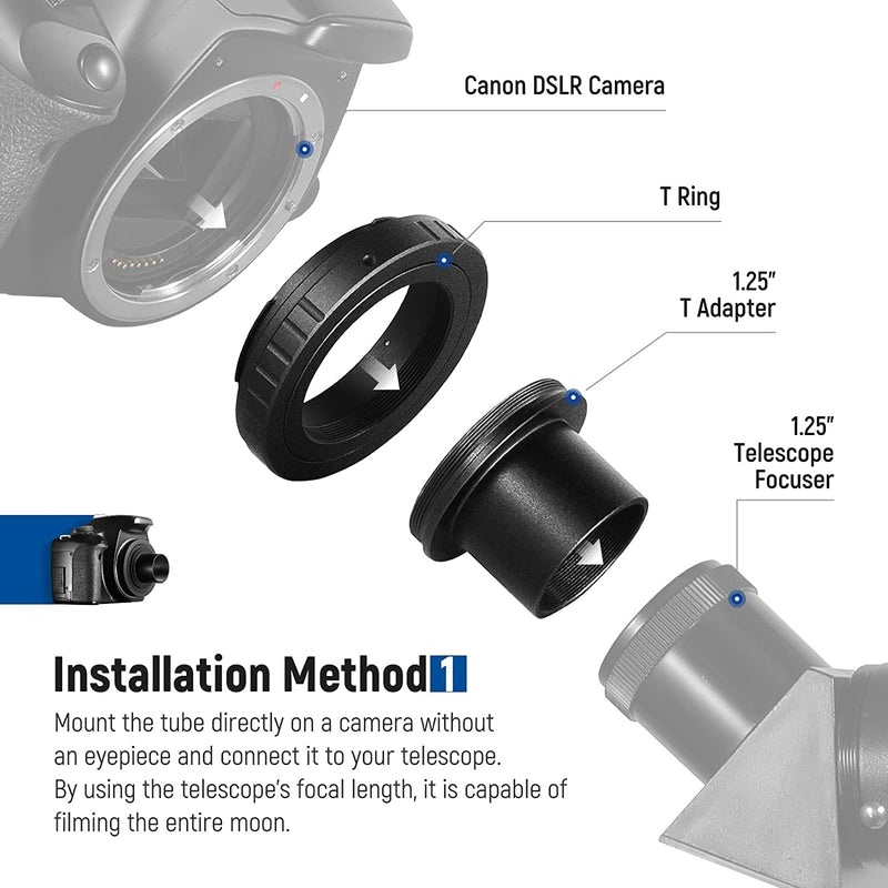  [AUSTRALIA] - NEEWER 1.25” Variable Telescope Camera Adapter & 1.25" Extension Tube Kit, Compatible with Canon DSLR Cameras & Telescope Eyepiece for Prime Focus and Eyepiece Projection Astrophotography