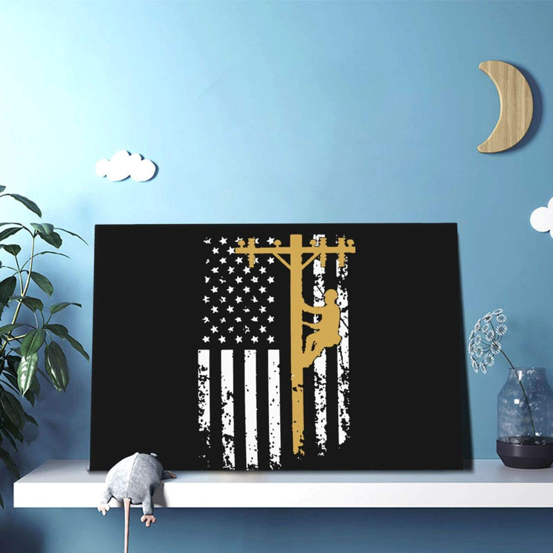 [AUSTRALIA] - Wall Art Canvas Painting, Lineman With American Flag Modern Decorative Frameless Artwork For Home Decoration Ready To Hang (18x12 In)