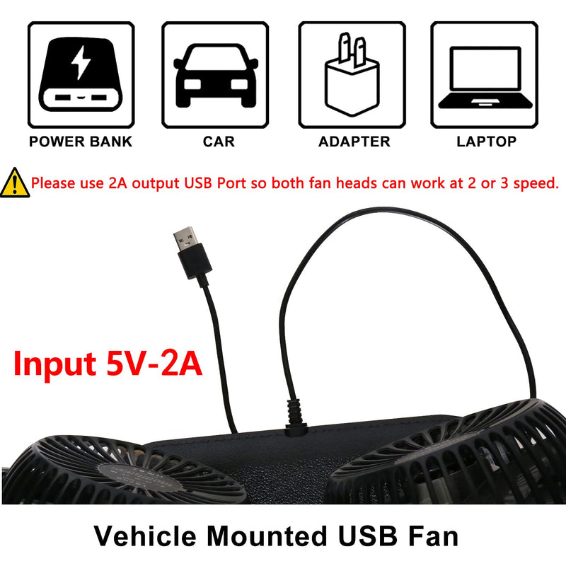 TriPole Car Fan Portable Vehicle Fan Dual Head Electric Fan Vehicle Mounted USB Fan 300 Degree Rotation Auto Cooling Fan 3 Speed Strong Wind Desk Fan for Dashboard SUV RV Truck Sedan Home Office - LeoForward Australia