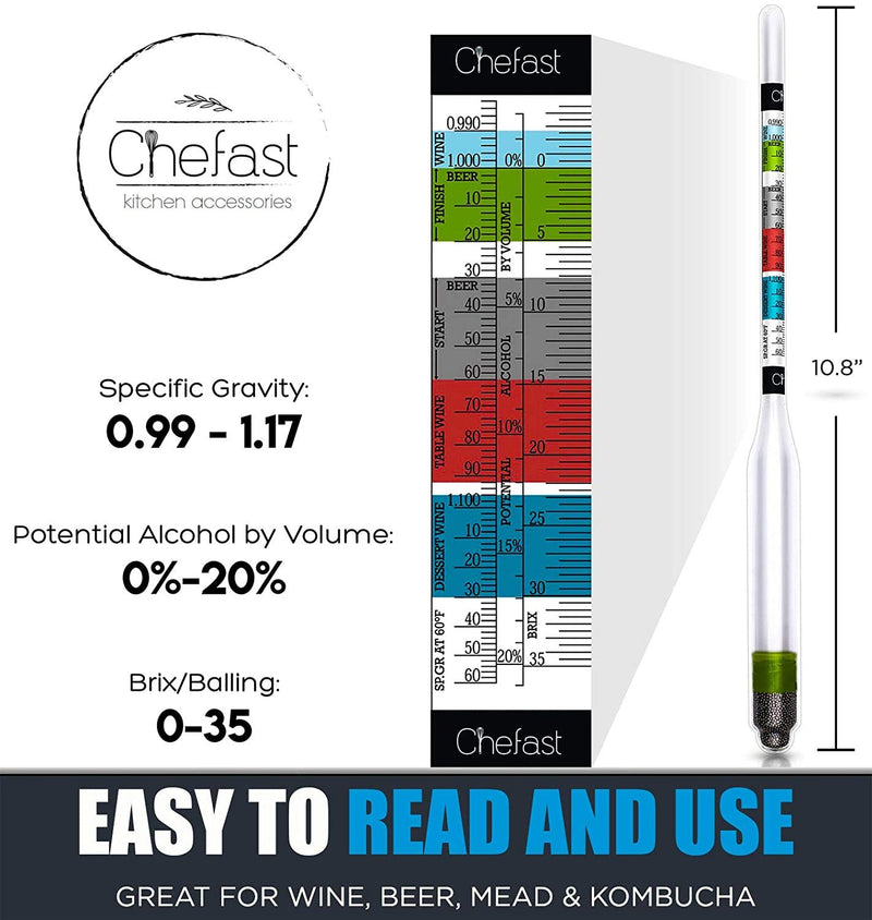 Chefast Hydrometer and Glass Test Jar for Wine, Beer, Mead and Kombucha - Combo Set of Brewing Hydrometer, Alcohol Test Tube, Cleaning Brush, Cloth and Storage Bag - ABV, Brix and Gravity Tester Kit Clear Glass Cylinder - LeoForward Australia