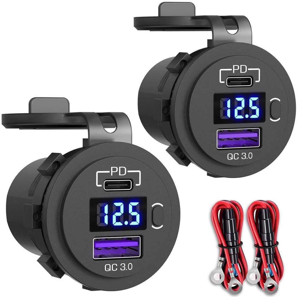  [AUSTRALIA] - 2 Pack USB C Car Charger Socket, Qidoe 12V USB Outlet PD3.0 20W USB C and 18W QC3.0 Car USB Port with LED Voltmeter and ON/Off Switch Fast Car USB Outlet for Car Boat Marine RV Truck Golf Motorcycle Two in Pack