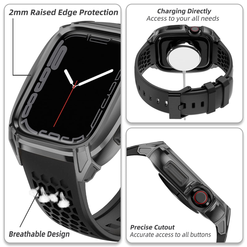  [AUSTRALIA] - OUHENG Compatible with Apple Watch Band 44mm with Stainless Steel Case, Military Shockproof Rugged Men Sports TPU Strap Band with Protective Bumper Cover for iWatch SE2 SE Series 6 5 4, Space Gray