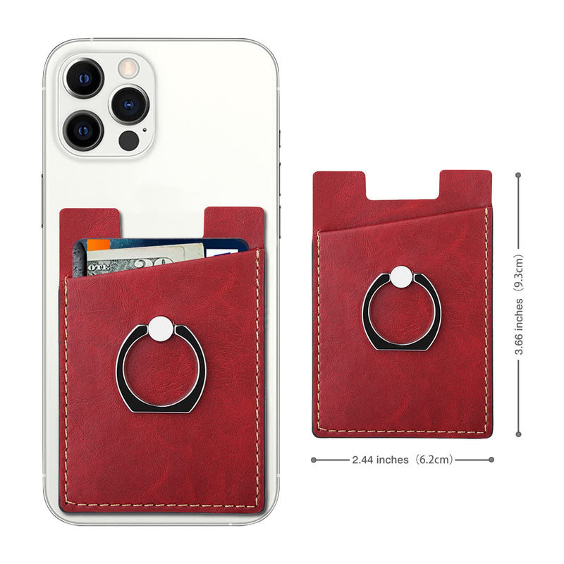  [AUSTRALIA] - Phone Card Holder with Phone Ring, Ring Wallets Combine a Finger Grip, Phone Ring Stand & Credit Card Sleeve into Thin Phone Wallets Stick On Universal to Any Cell Phone - Red Leather