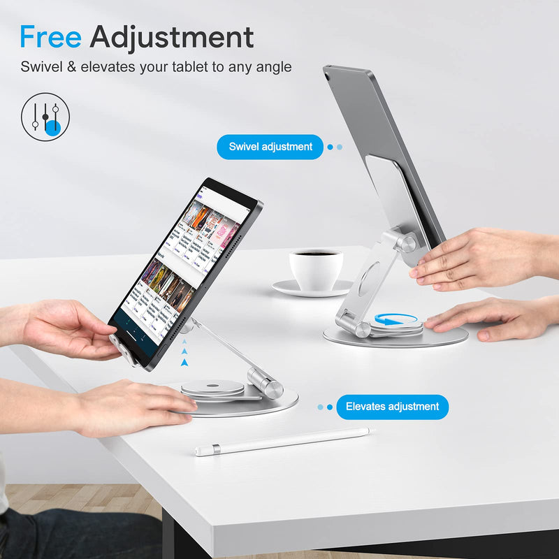  [AUSTRALIA] - Swivel Tablet Stand Holder, Adjustable OMOTON T6 Rotating iPad Stand, Portable Foldable Aluminum Stand for Desk Compatible with iPad Air/Mini, iPad Pro 11/12.9, iPhone，Silver Silver