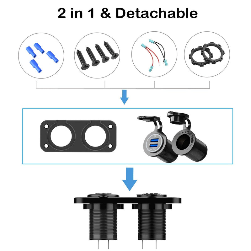  [AUSTRALIA] - QC 3.0 USB Outlet 12V Boat Marine Waterproof Cigarette Lighter Socket Splitter 12 Volt DC Power Charger Adapter DIY Kit with Blue LED Dual USB Ports for Rocker Switch Panel on Car RV Golf Cart ATV