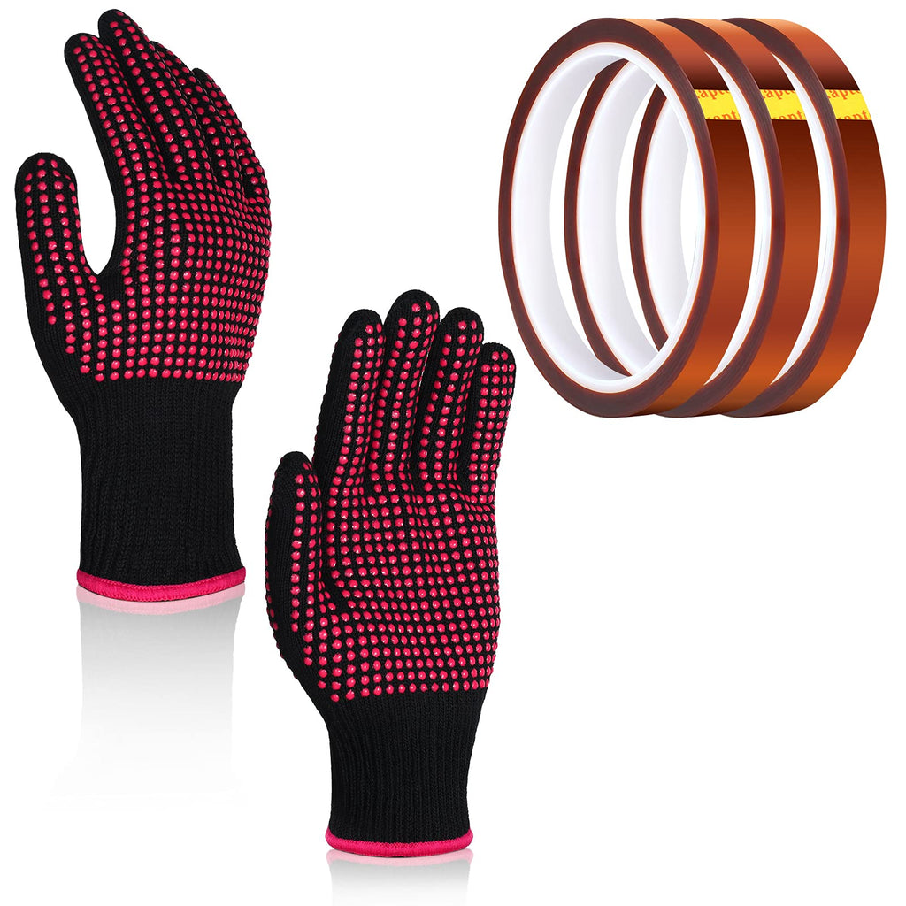  [AUSTRALIA] - Tondiamo Heat Resistant Gloves with Silicone Bumps and 3 Rolls 10mm x 33m 108 ft Heat Press Tape, Heat Proof Gloves Curling Wand Glove Thermal Tape Sublimation Tape Heat Tape for Hair Styling Brown