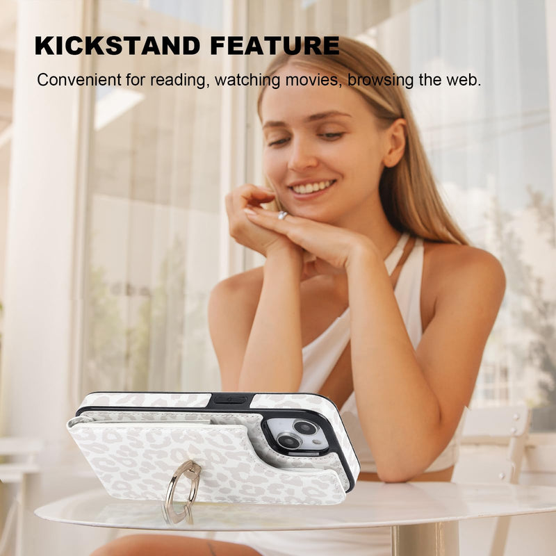  [AUSTRALIA] - HAOPINSH for iPhone 13/ iPhone 14 Wallet Case with Card Holder, 360°Rotation Ring Kickstand, White Leopard Cheetah Pattern, RFID Blocking Leather for Girls Women, Double Buttons Flip Protective 6.1"