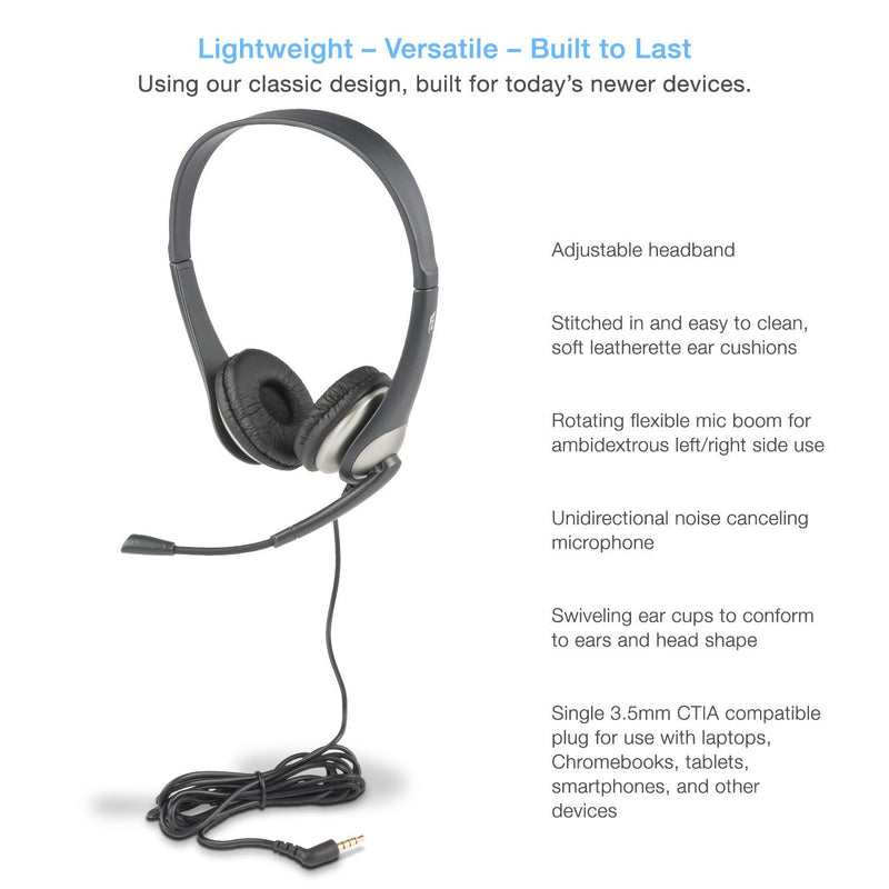  [AUSTRALIA] - Cyber Acoustics Stereo Headset, 3.5mm stereo & Y-adapter for separate Headphone & Mic Connection, K12 School Classroom and Education (AC-204)