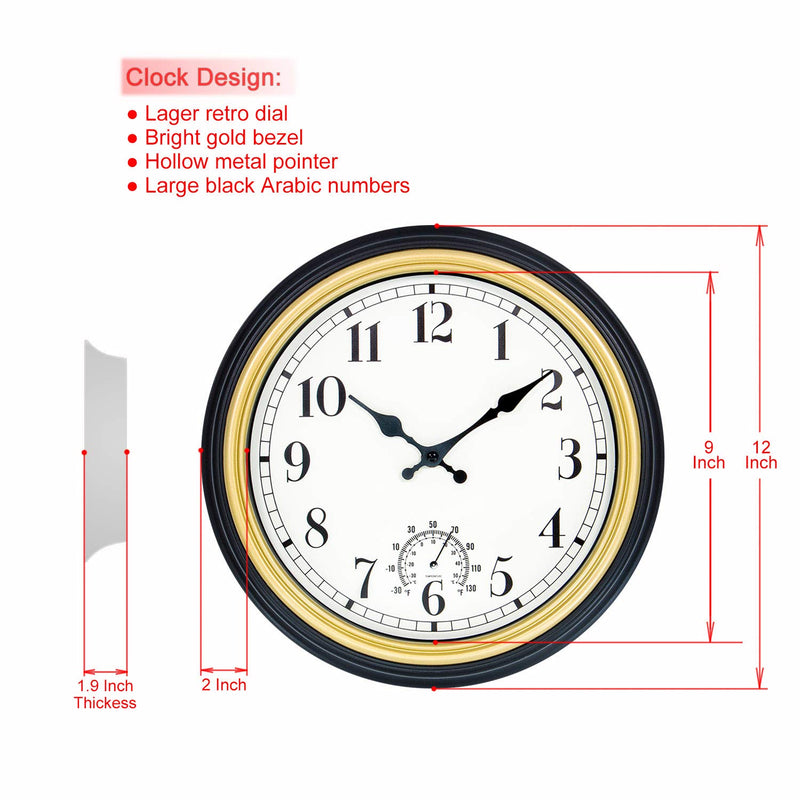  [AUSTRALIA] - 45Min 12 Inch Indoor/Outdoor Retro Round Waterproof Wall Clock with Thermometer, Silent Non Ticking Battery Operated Quality Quartz Wall Clock Home/Patio Decor GoldFrame