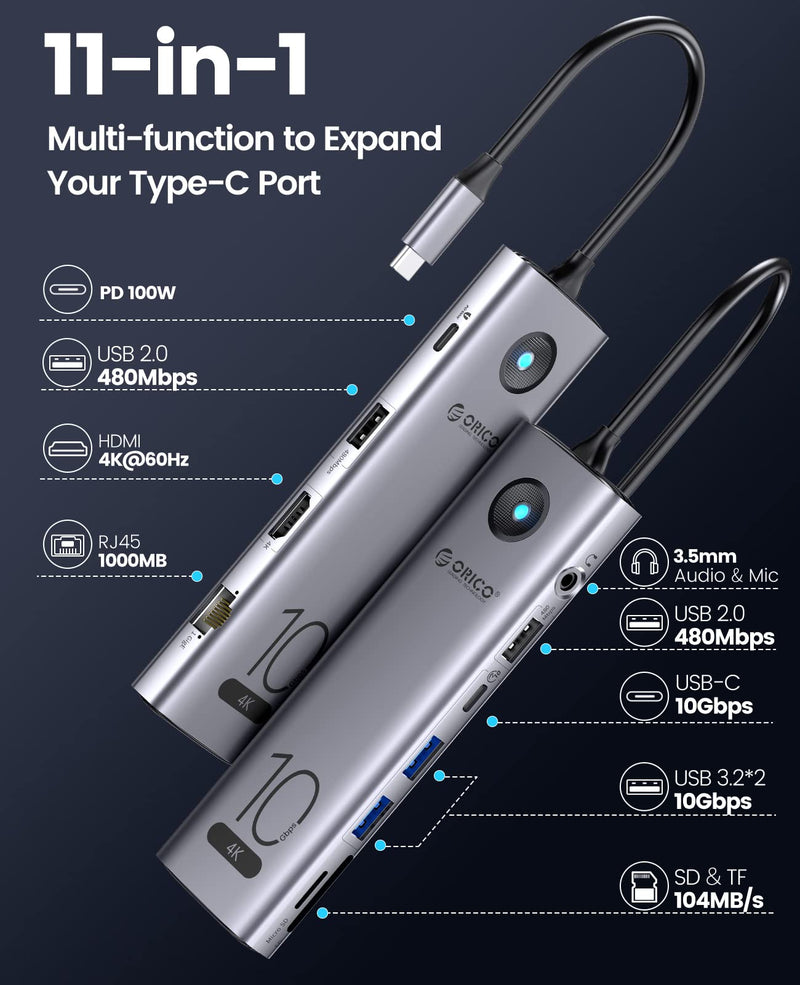  [AUSTRALIA] - 10Gbps USB C Hub,ORICO 11-in-1 USB-C Laptop Docking Station to 4K@60Hz HDMI,2×USB 3.2 10G,USB-C 10G,2×USB 2.0,100W PD,SD/TF,Gigabit Ethernet, Audio for Dell/Surface/HP/Lenovo Laptops