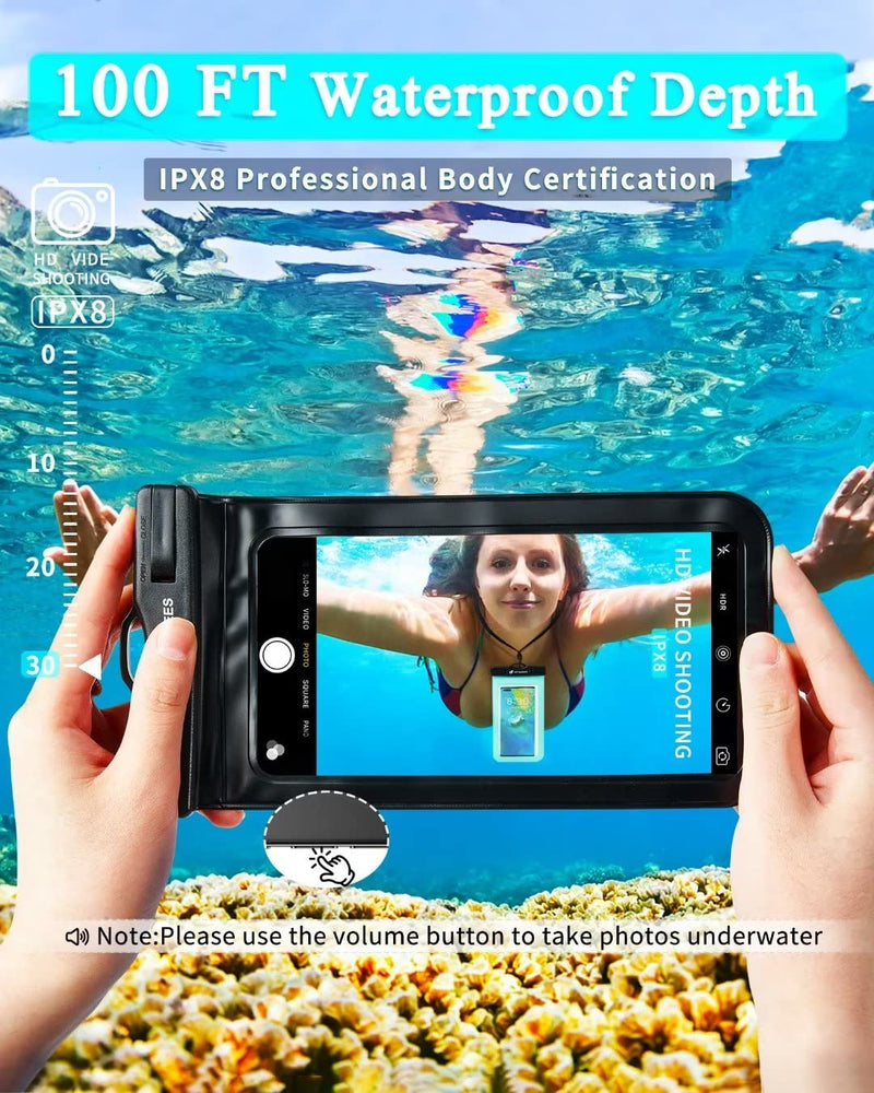  [AUSTRALIA] - Universal Waterproof Phone Pouch 3 Pack, IPX8 Phone Water Protector Pouch Case Bag Lanyard Compatible iPhone 14 13 12 Pro Max Samsung Galaxy S22, Waterproof Phone Holder Protector for Beach Swimming Glossy Black+Green+Orange