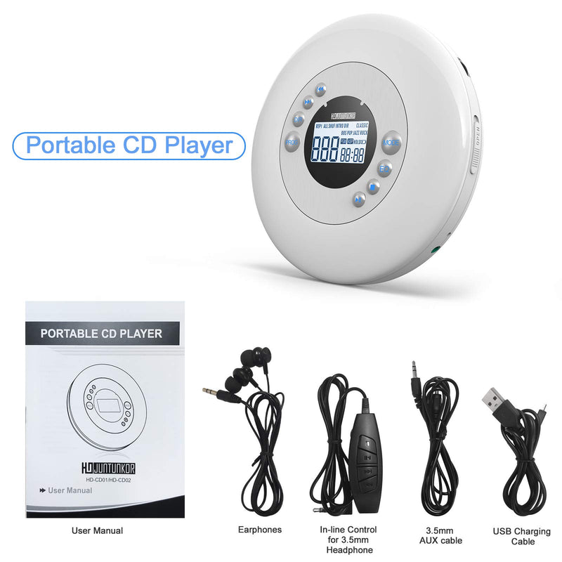  [AUSTRALIA] - Portable CD Player with Headphones, Anti-Skip CD Players for Home Rechargeable with LCD Display, CD Player portable for car with 3.5mm AUX Cable, Anti-Shock Lightweight CD Player Sports with Carry Bag white
