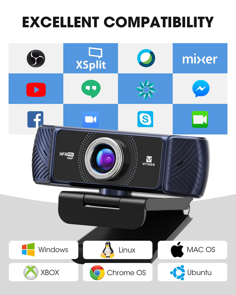 [AUSTRALIA] - Webcam 1080P 60fps with Microphone for Streaming, Vitade 682H Pro HD USB Computer Web Camera Video Cam for Gaming Conferencing Mac Windows Desktop PC Laptop Xbox Skype OBS Twitch YouTube Xsplit 60 fps webcam