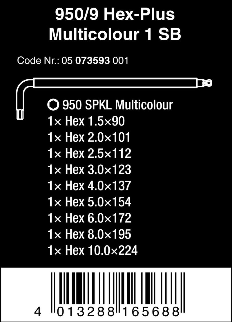  [AUSTRALIA] - Wera 05073593001 950 Spkl/9 Sm N Multicolor L-Key Set, Metric, Blacklaser, 9 Pieces Null