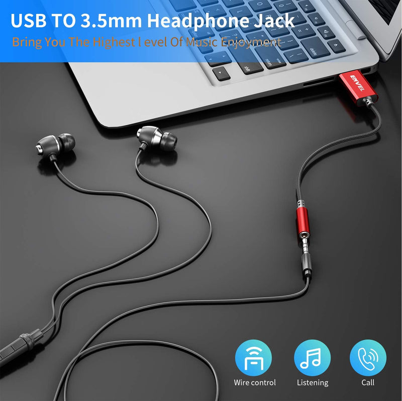  [AUSTRALIA] - ENVEL USB to 3.5mm Audio Jack Adapter(20cm), Built-in Chip External Sound Card,Mic-Supported Audio Adapter with 3.5mm Aux Stereo Converter Compatible with Headset PC Laptop Desktops PS4 PS5 (Red) Red