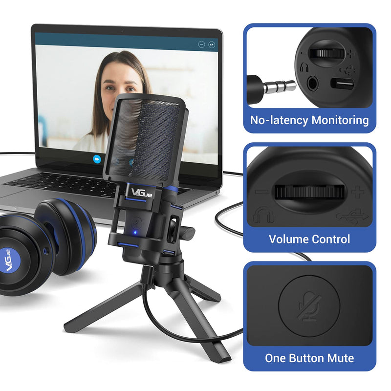  [AUSTRALIA] - USB Microphone for PC PS5, VeGue Computer Gaming Condenser PC Mic with Quick Mute, Indicator, Tripod Stand, Pop Filter, Shock Mount, for Twitch Streaming, Podcasting, Chatting, Recording, VM30 Blue