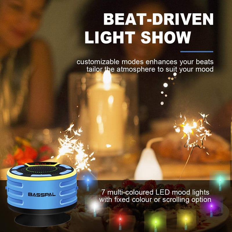  [AUSTRALIA] - IPX7 Waterproof Speaker, BassPal Bluetooth Portable Wireless Shower Speakers with LED Display, FM Radio, Suction Cup, Light Show, TWS, Loud Stereo Sound for Pool Beach Home Party Travel Outdoors