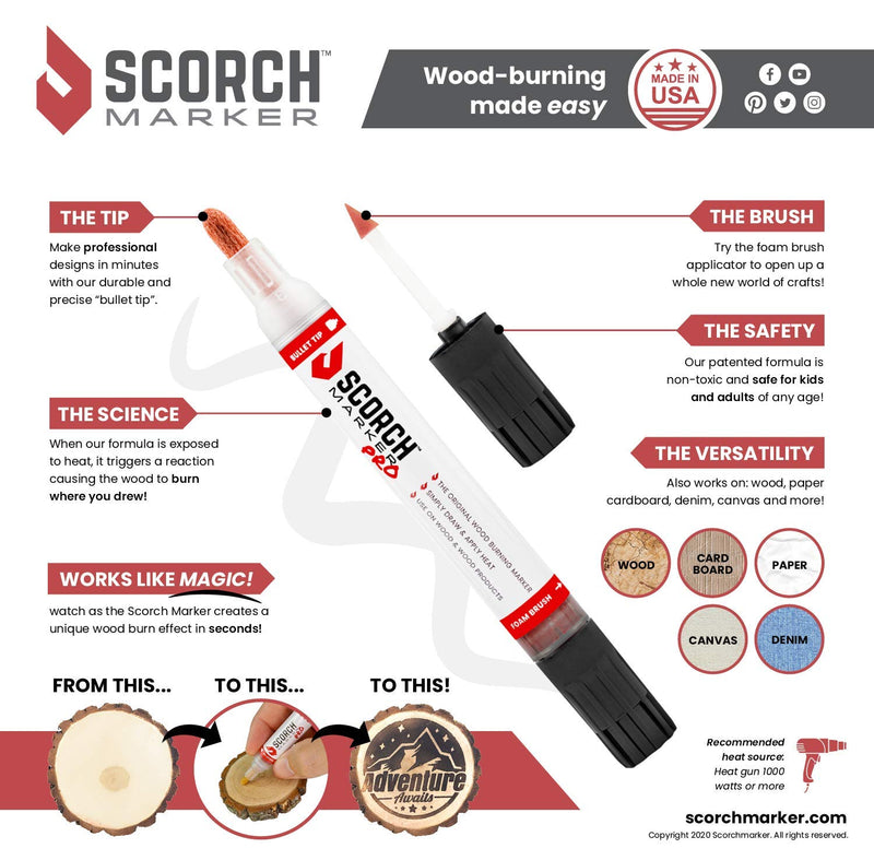 Scorch Marker Pro, Non Toxic Chemical Wood Burning Pen - Heat Sensitive, Double-Sided Marker for Wood and Crafts - Bullet Tip and Foam Brush for Easy Application - New Improved Formula 1 Pack - LeoForward Australia