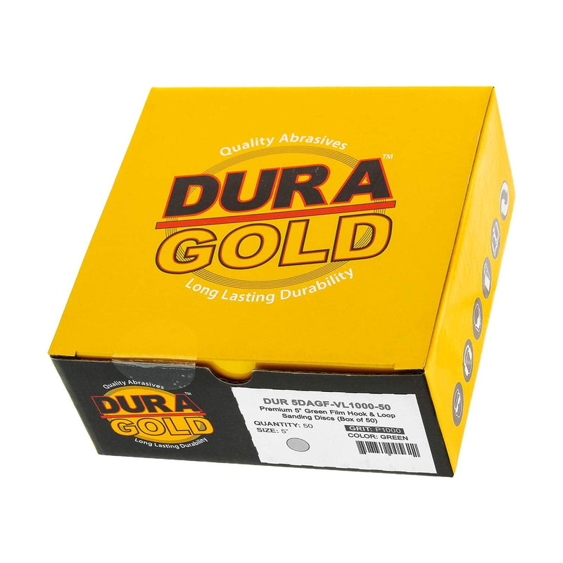  [AUSTRALIA] - Dura-Gold Premium 5" Green Film Sanding Discs - 1000 Grit (Box of 50) - Hook & Loop Backing Sandpaper Discs for DA Sanders, Finishing Extra Fine Cut Abrasive - Sand Automotive Paint, Woodworking Wood 1000-Grit