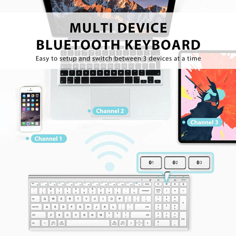 iClever BK10 Bluetooth Keyboard, Multi Device Keyboard Rechargeable Bluetooth 5.1 with Number Pad Ergonomic Design Full Size Stable Connection Keyboard for iPad, iPhone, Mac, iOS, Android, Windows white - LeoForward Australia