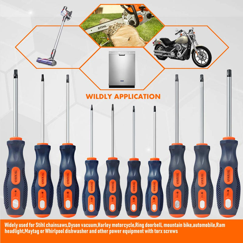  [AUSTRALIA] - Torx Screwdriver Set,TECKMAN 10 in 1 Magnetic Torx Security Screwdrivers with T6 T8 T9 T10 T15 T20 T25 T27 T30 T40 Long Bit for Stihl Saws,Dyson Vacuum,Motorcycle,Bicycles,Automobile and Dishwasher